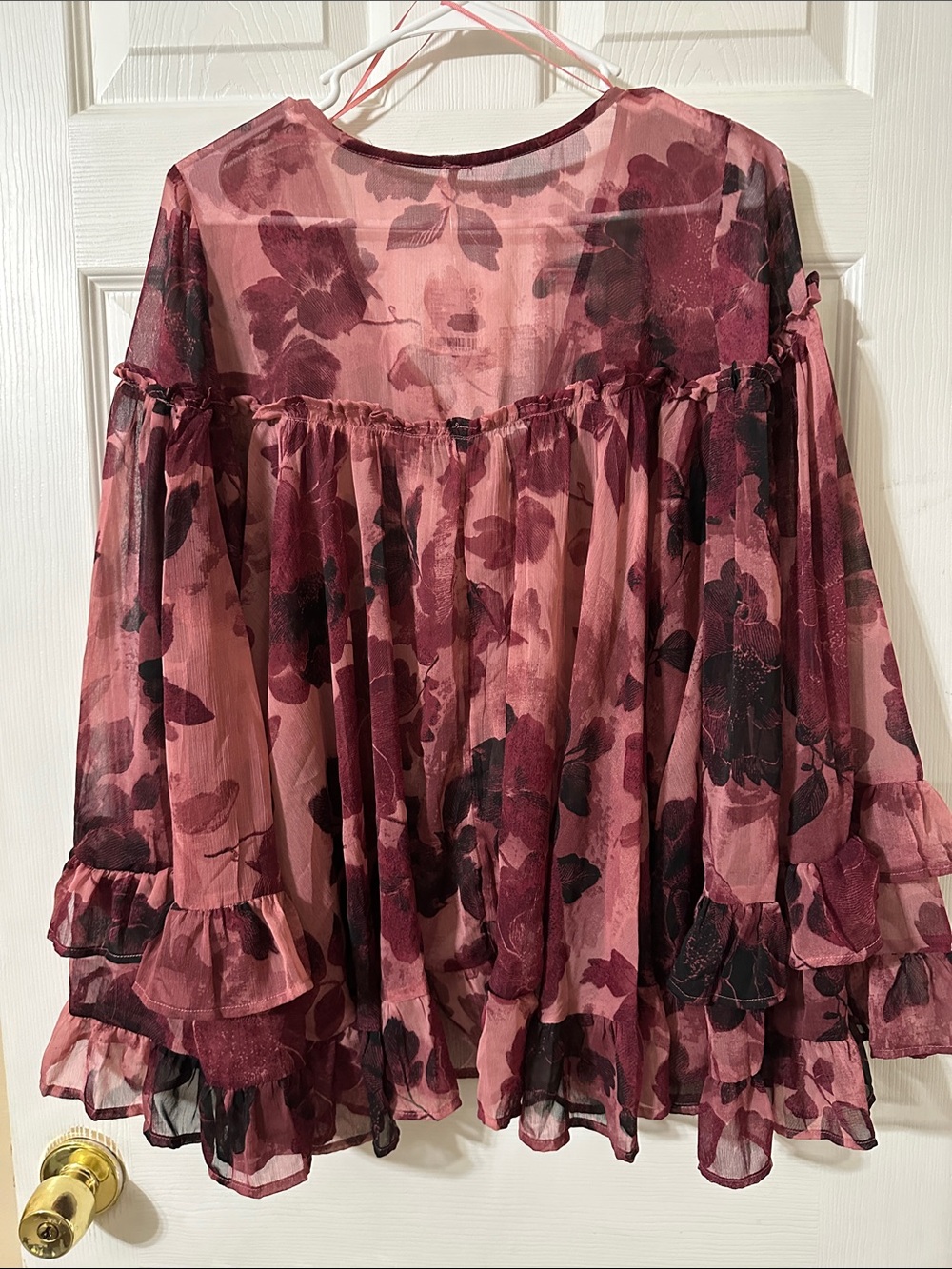 Free People Rose Burgundy Floral Sheer Ruffle Blouse - Picture 6 of 8